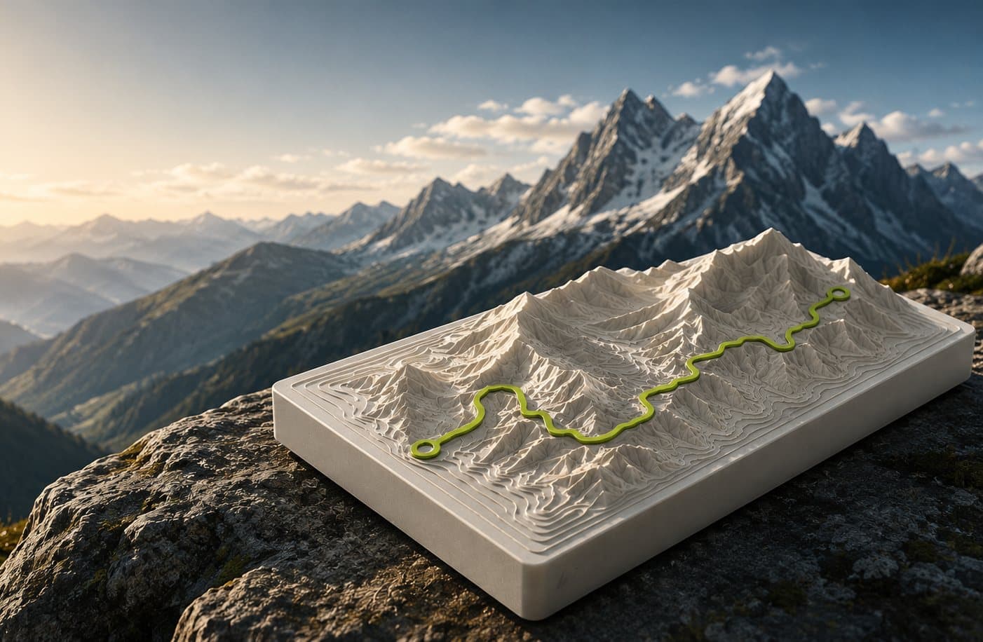 A printed terrain relief plaque on a rock, with mountains behind it