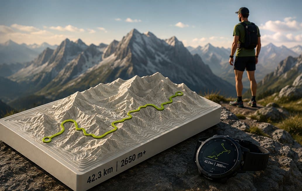 A runner looking out over a mountain range, with a printed relief of the route